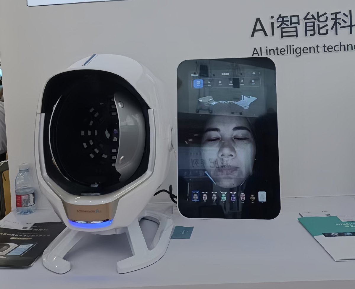 AI facial analysis scanner with tablet skin report at trade show booth